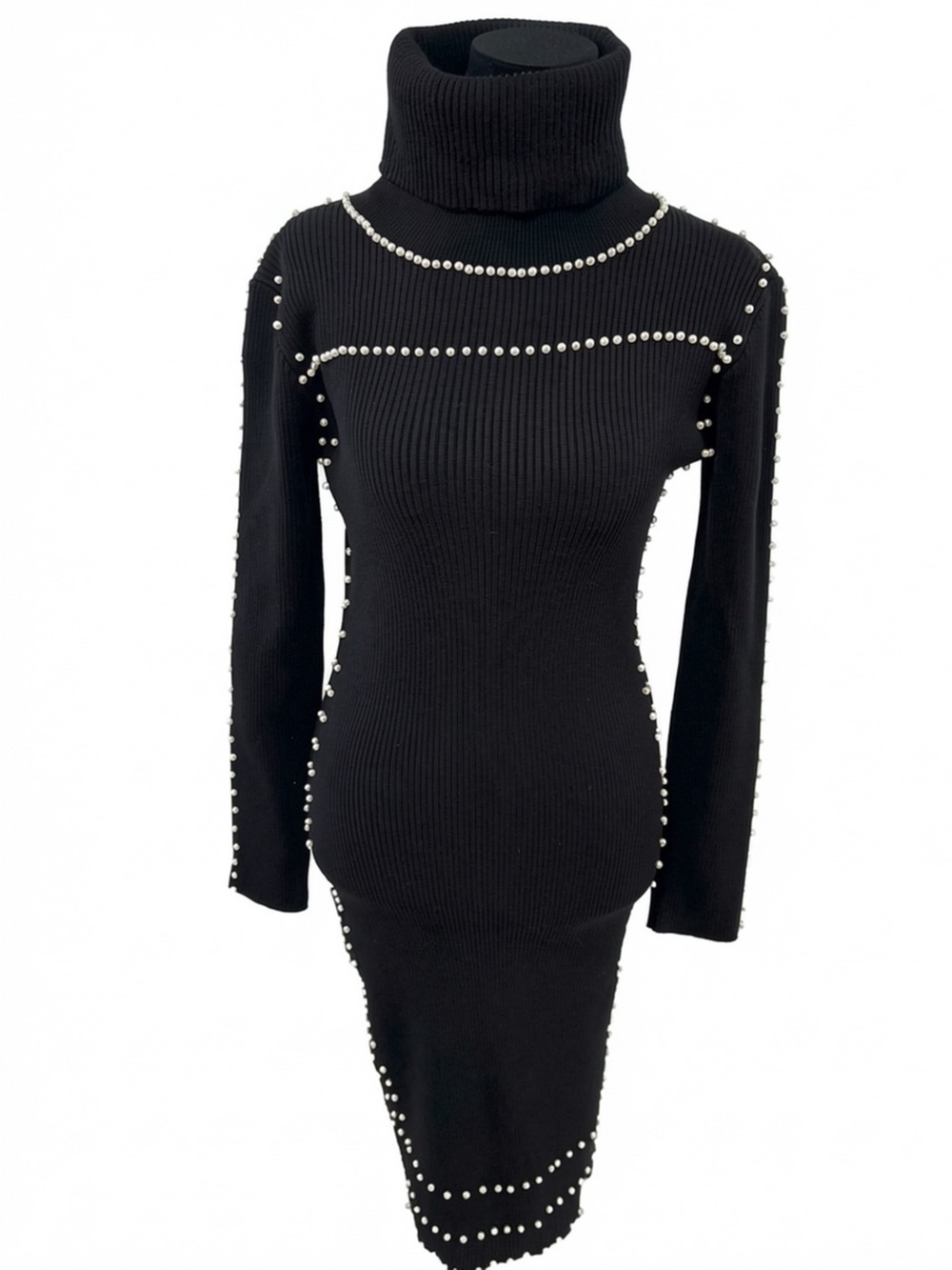 Ma Cherie Pearl Embellished Sweater Dress in Black